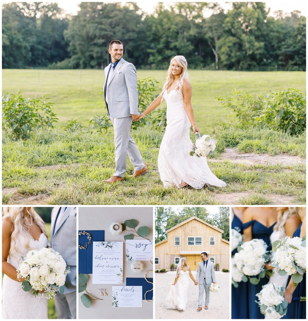 Summer outdoor wedding with grey and navy accents at Twin Oaks Barn in Raleigh, NC.