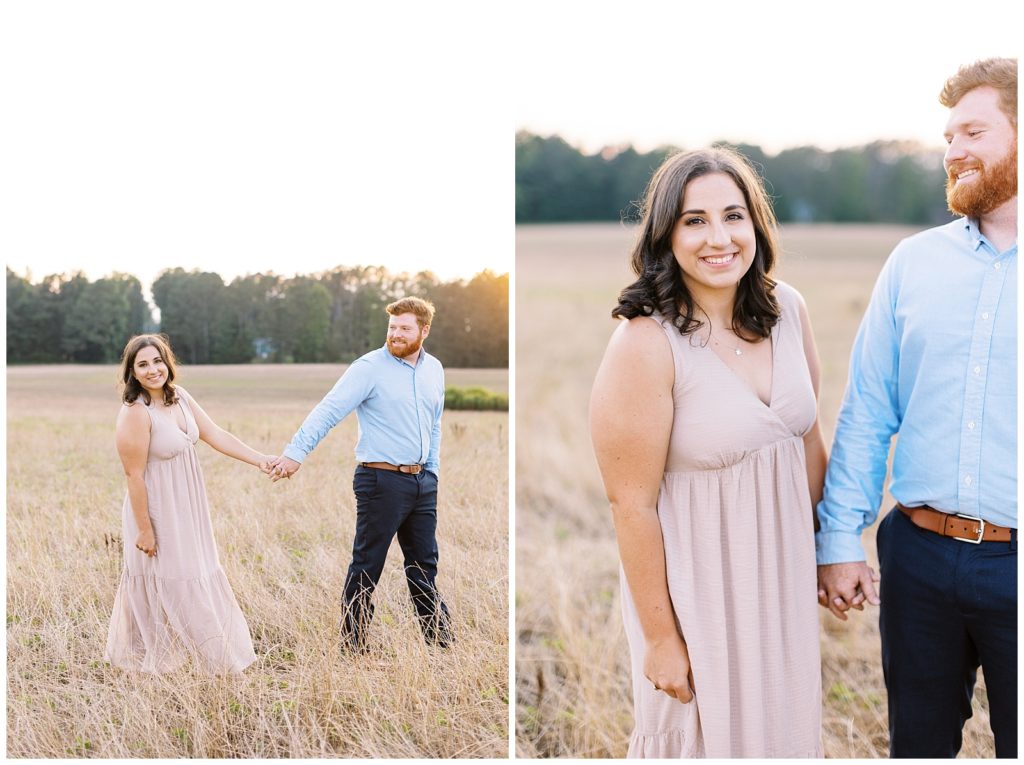 Sunset summer engagement photos in a wheat field outside Raleigh, NC.