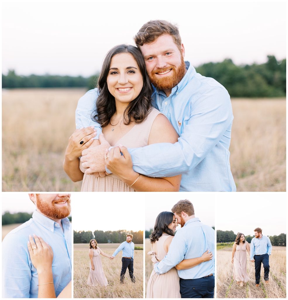 Raleigh Farm Engagement Photos in a field at sunset.