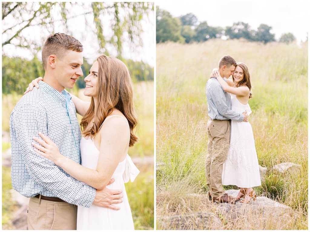 Engagement photos in Raleigh NC in a field during the summer.
