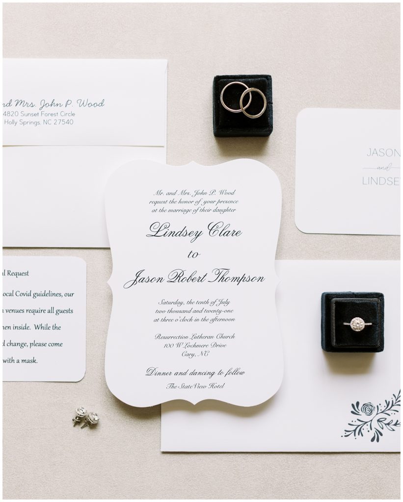 White and black classic stationary for their traditional wedding.