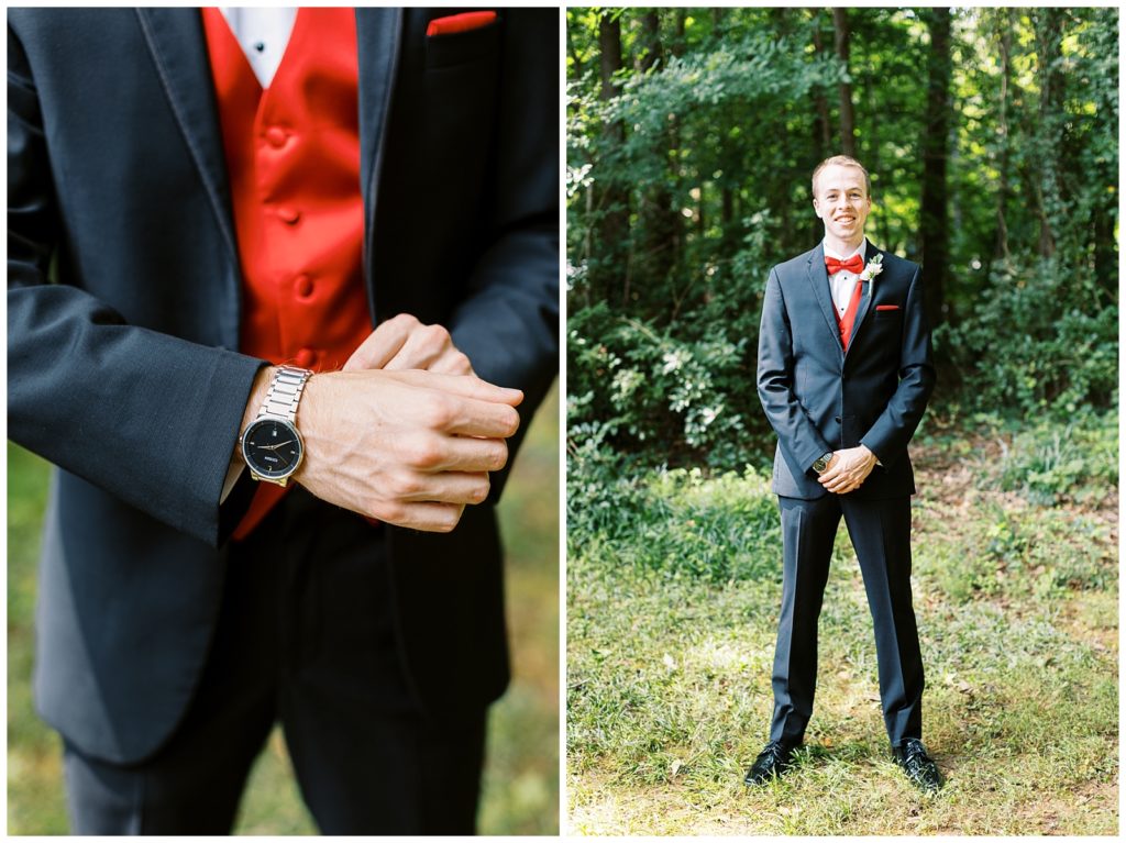 The groom puts on his watch before the wedding ceremony.