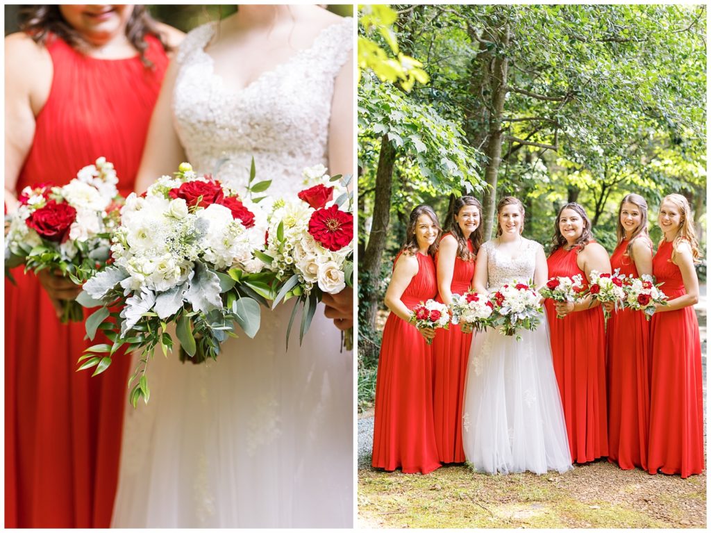 The bridesmaids all wore red matching dresses from Azazie.