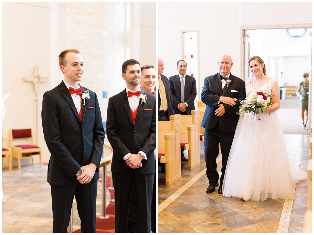 The groom watches as the bride walks down the aisle escorted by her father who cries.