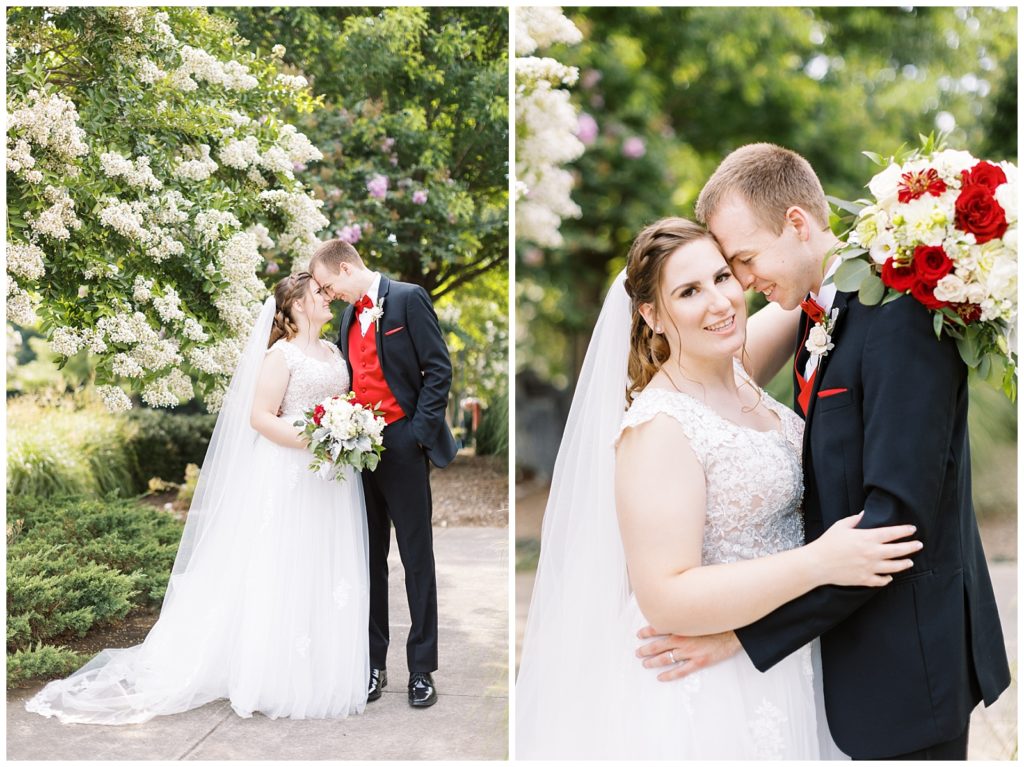 Bride and groom portraits at the NC State Alumni Center.