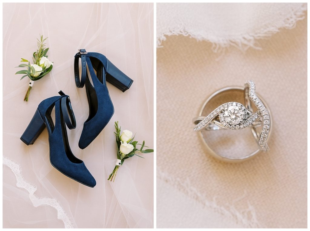 Blue heels with white flowers and silver diamond rings.