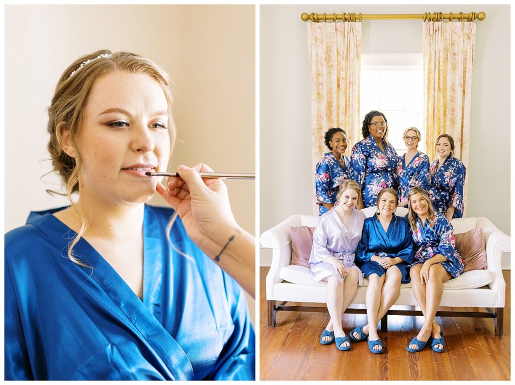 The bride and her bridesmaid's had matching blue and purple robes.