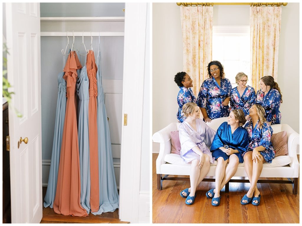 The bride and her bridesmaid's had matching blue and purple robes.
