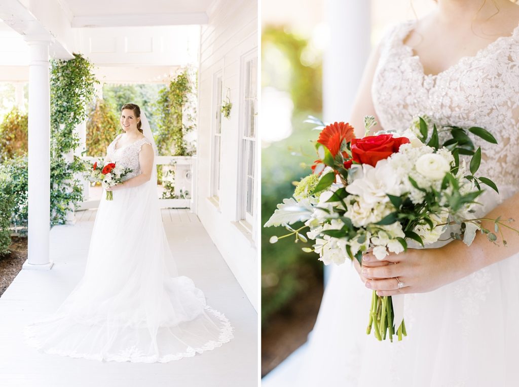 Bridal portraits on the porch of the mims house with red and white flowers.