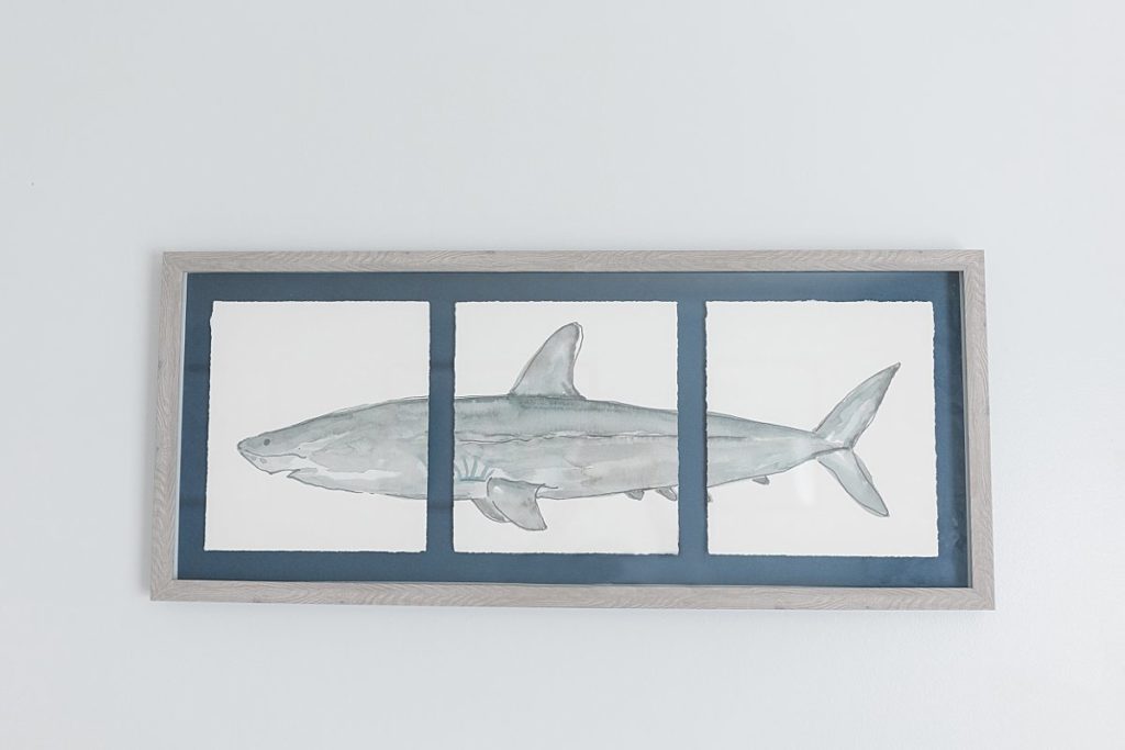 Shark decor on the walls in a surfer themed nursery for a baby boy