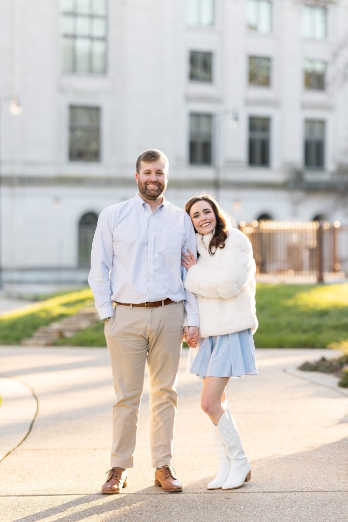 Downtown Raleigh Engagement Photos  in winter with a white fur coat | Raleigh NC Wedding Photographer