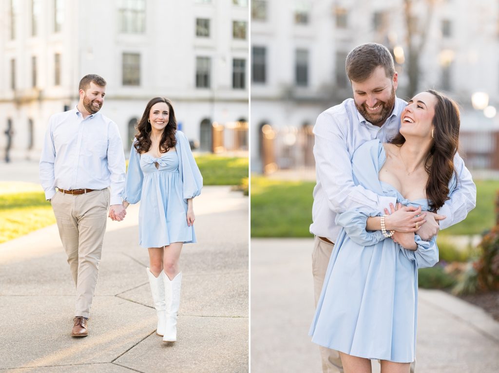 Downtown Raleigh Engagement Photos with light blue outfits | Raleigh NC Wedding Photographer