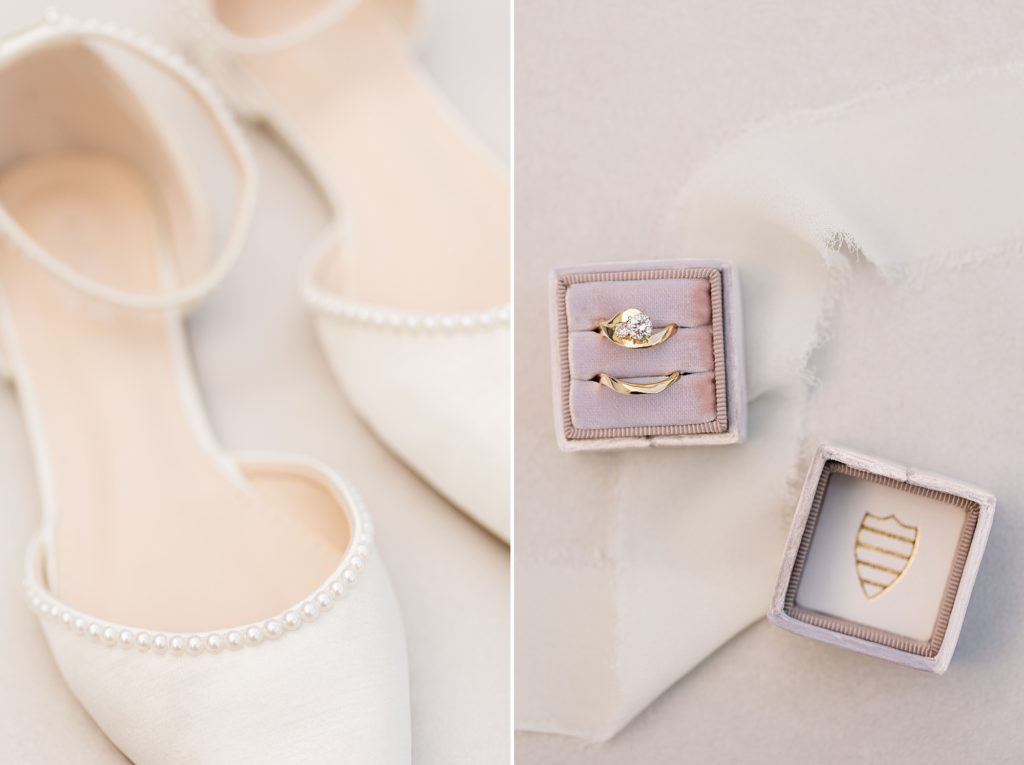A pink Mrs Box with gold rings and pearl satin shoes | Raleigh Wedding Photographer