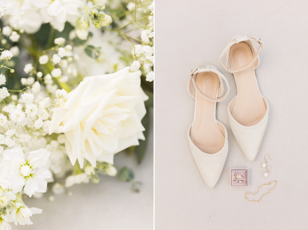White roses, babies breath, and pearl satin shoes | Raleigh Wedding Photographer