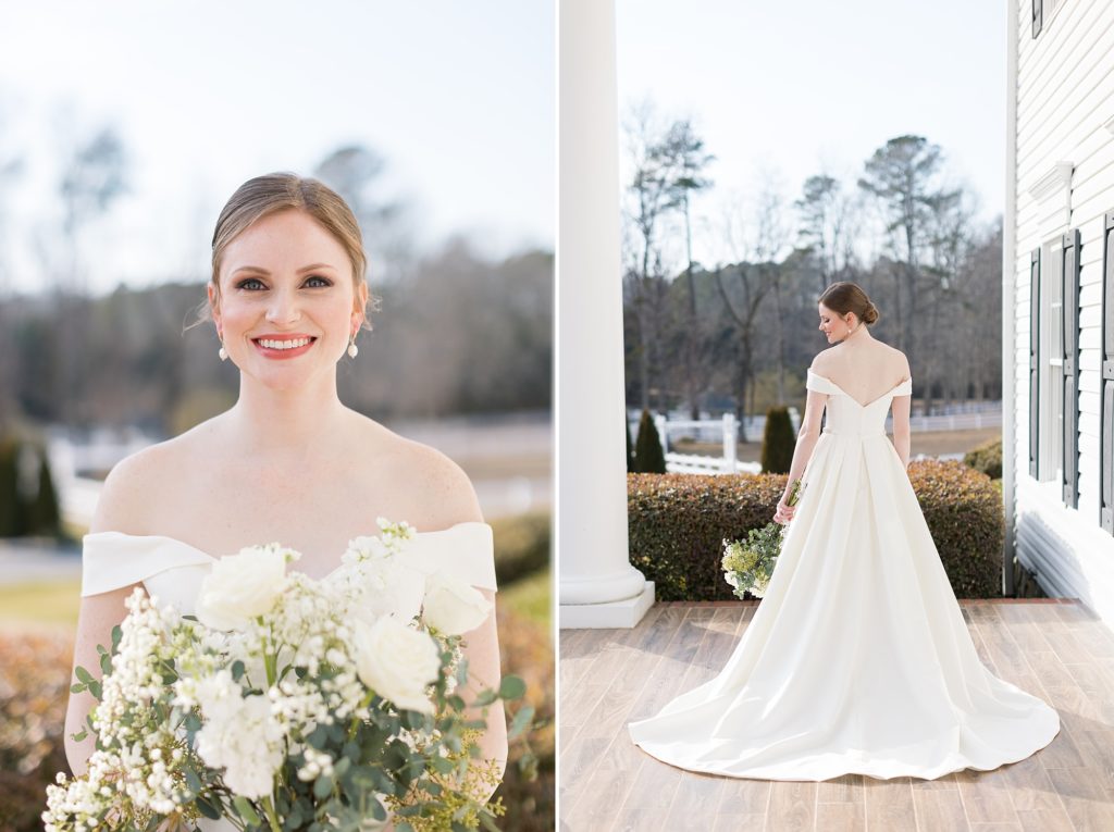 A bridal portrait on the porch of Seven Paths Manor | Raleigh Wedding Photographer
