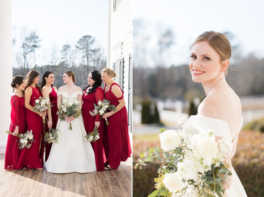 The bride and her bridesmaids in red dresses at Seven Paths Manor | Raleigh Wedding Photographer