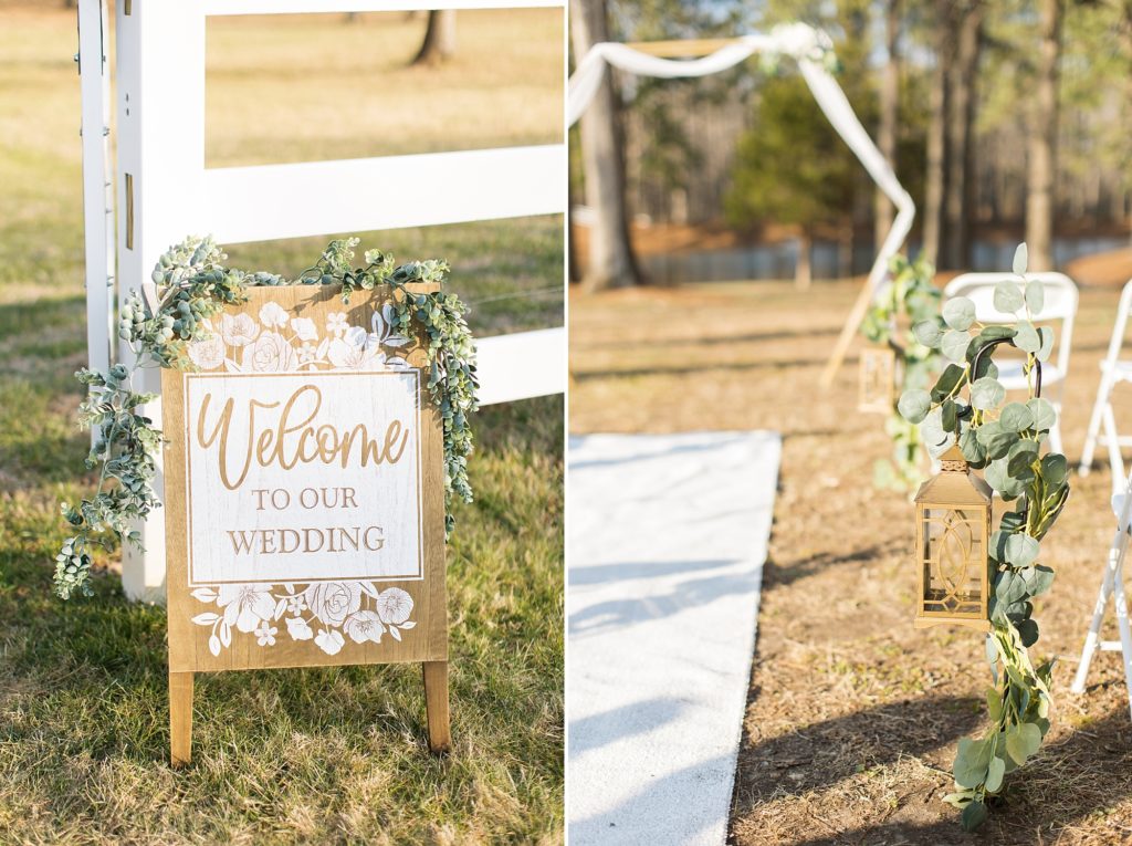 Eucalyptus and rustic décor at the ceremony site | Raleigh Wedding Photographer