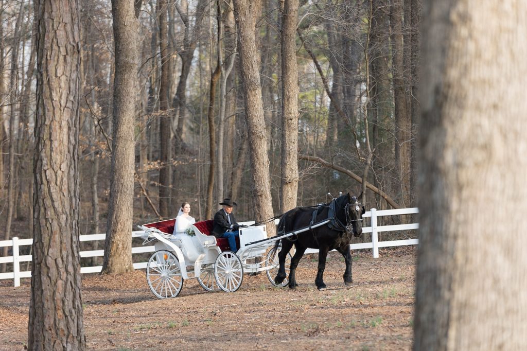 The bride pulls up to her wedding ceremony in a carriage | Raleigh Wedding Photographer