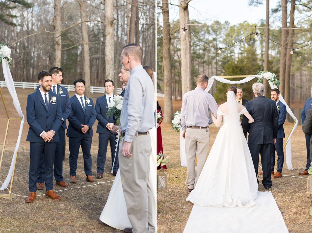 The bride walks down the aisle escorted by her step father and brother | Raleigh Wedding Photographer
