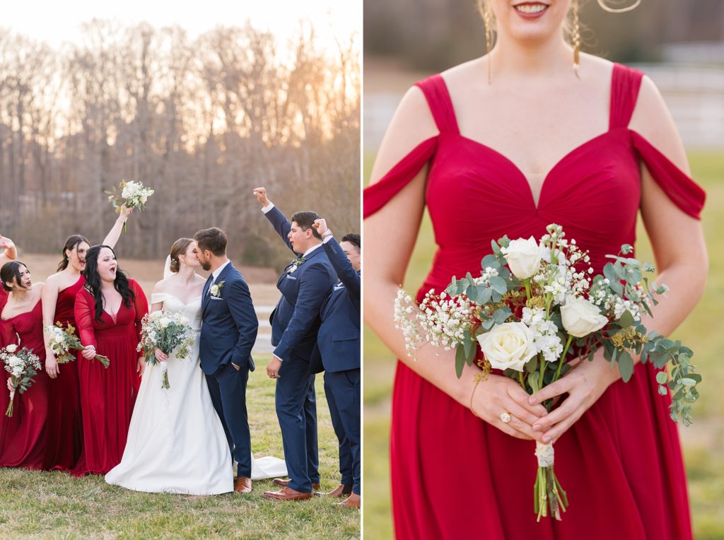 A fun bridal party cheering with red white and blue bridal details | Raleigh Wedding Photographer