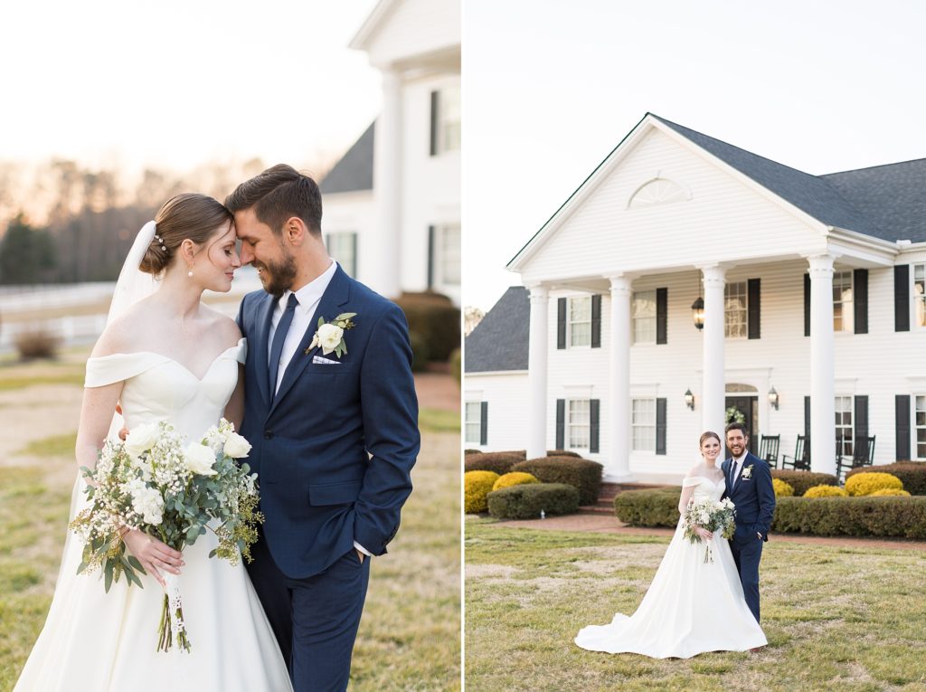 Bride and groom portraits in front of a classic white house | Raleigh Wedding Photographer