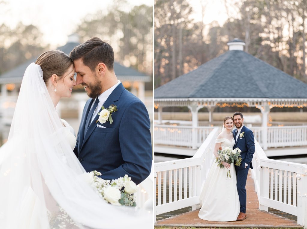 The bride and groom together on a bridge over a pond | Raleigh Wedding Photographer