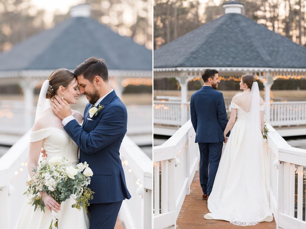 The bride and groom together at a gazebo on a pond at Seven Paths Manor | Raleigh Wedding Photographer