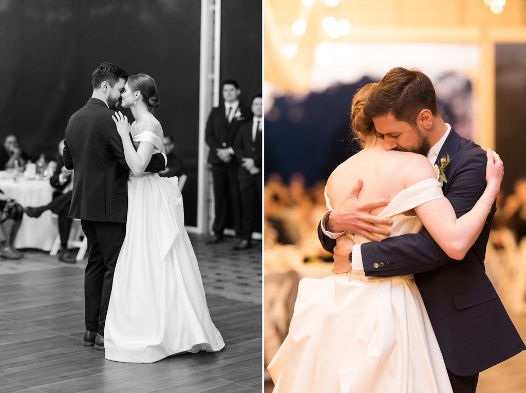 The bride and groom hug during their first dance | Raleigh Wedding Photographer