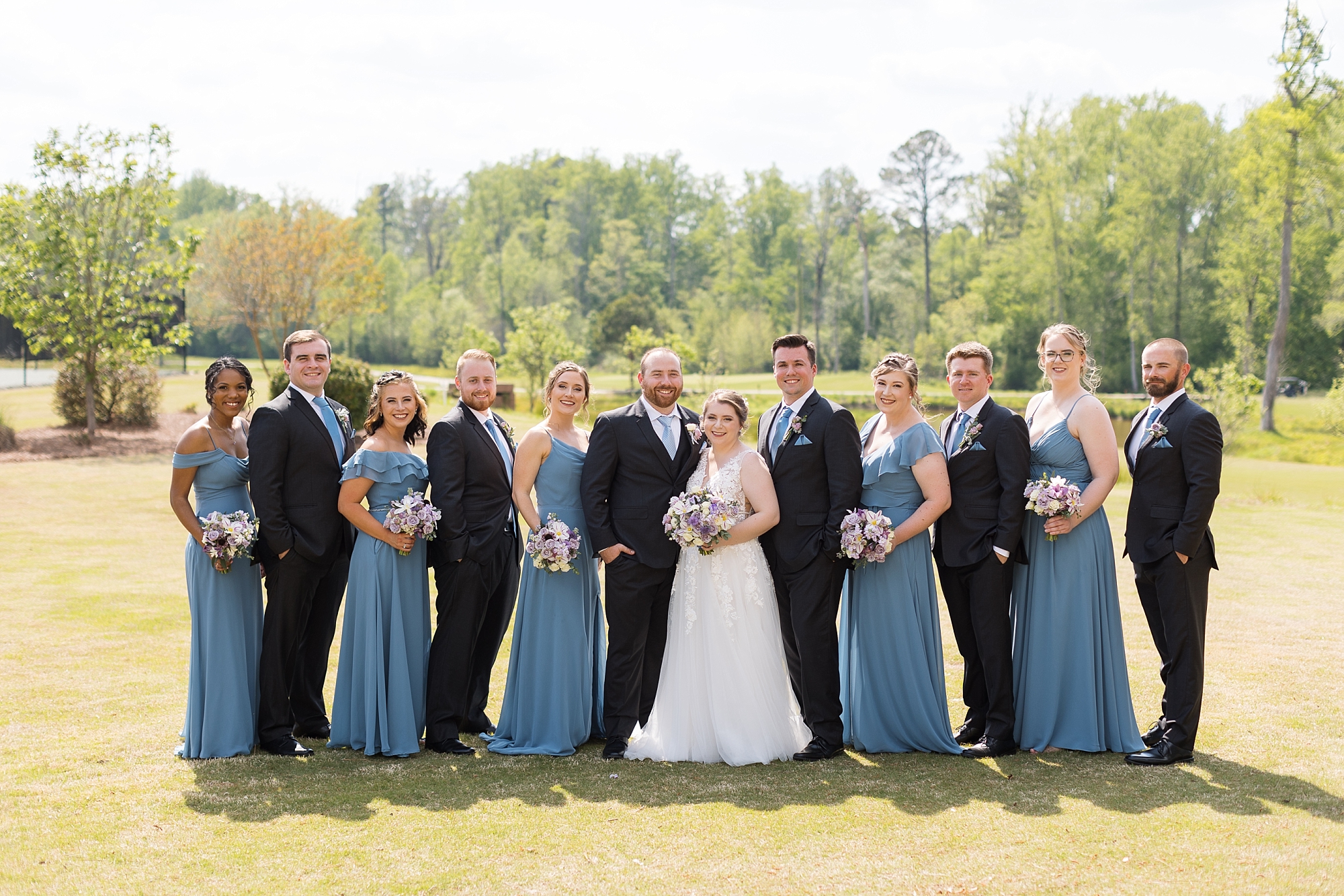 Wedding party with blue dresses and blue ties - Raleigh NC Wedding Photographer - Sarah Hinckley Photography