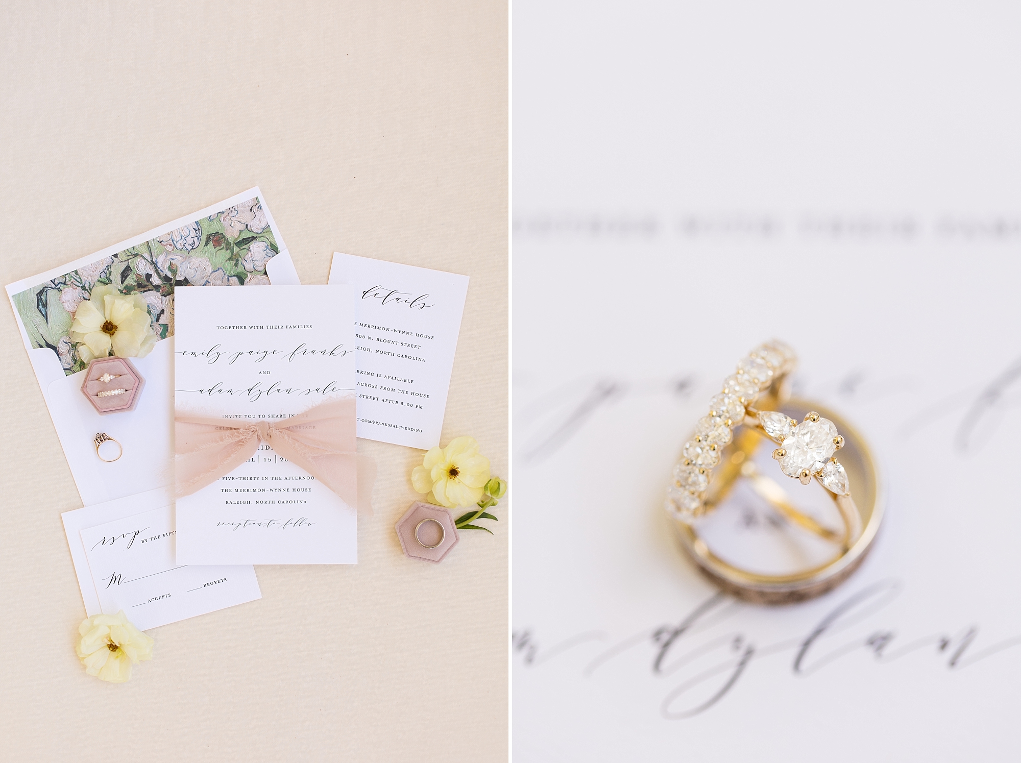 Pink wedding details with script invitations from If it's Paper | Merrimon Wynne Wedding | Sarah Hinckley Photography | Raleigh NC Wedding Photographer