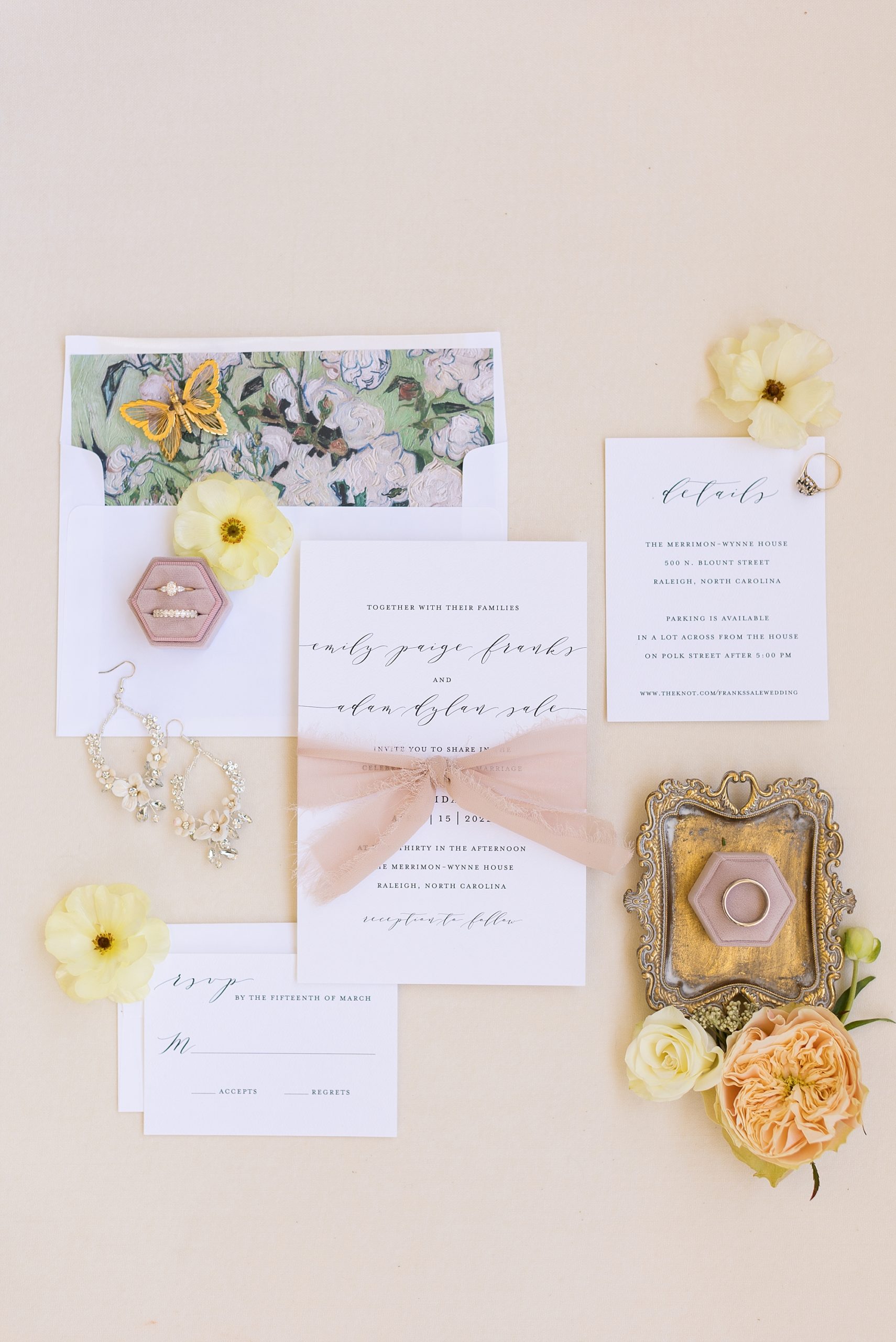 Spring wedding stationary suite with butterfly details and florals | Merrimon Wynne Wedding | Sarah Hinckley Photography | Raleigh NC Wedding Photographer