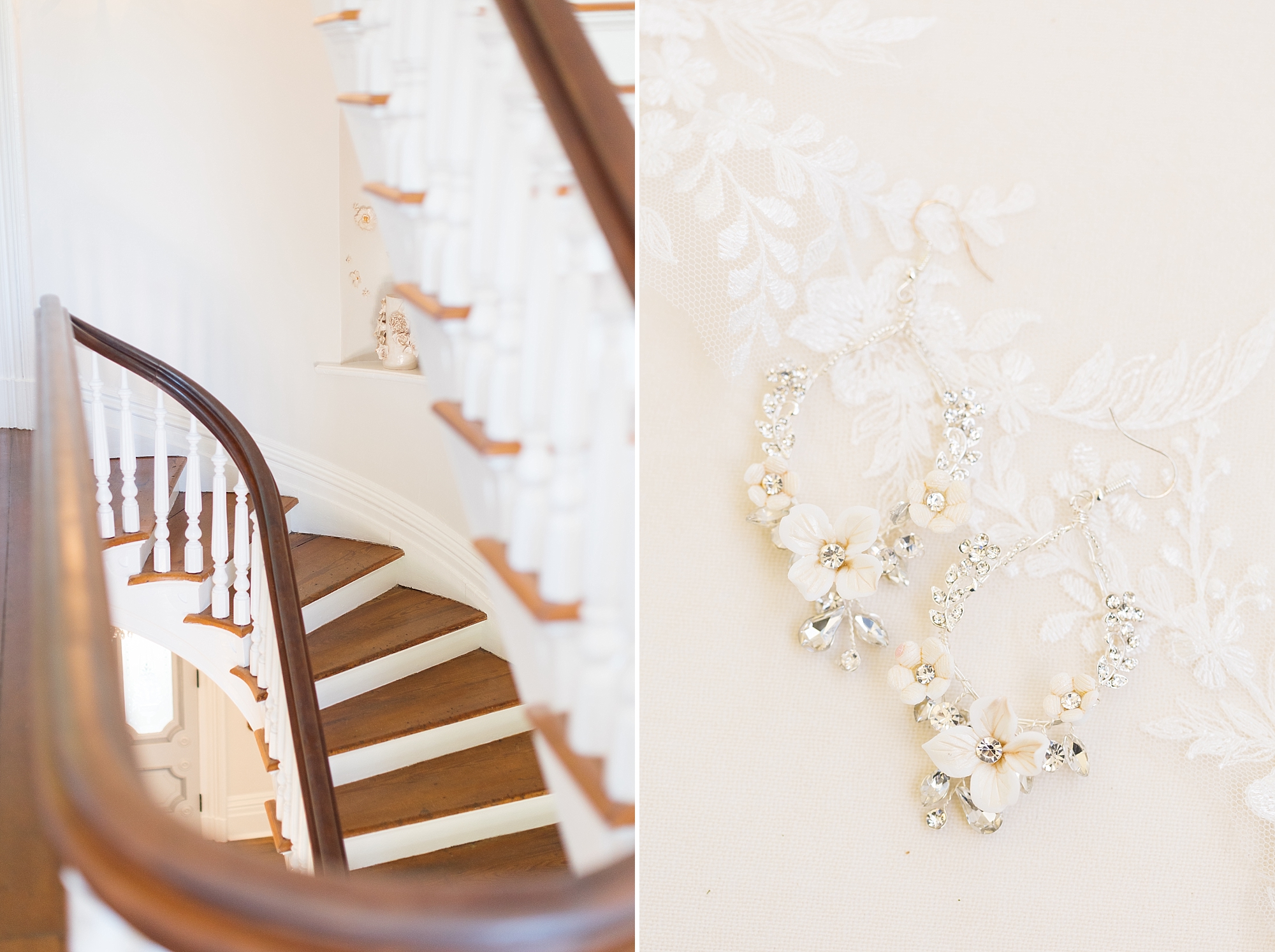 Bridal details and a historic winding staircase | Merrimon Wynne Wedding | Sarah Hinckley Photography | Raleigh NC Wedding Photographer