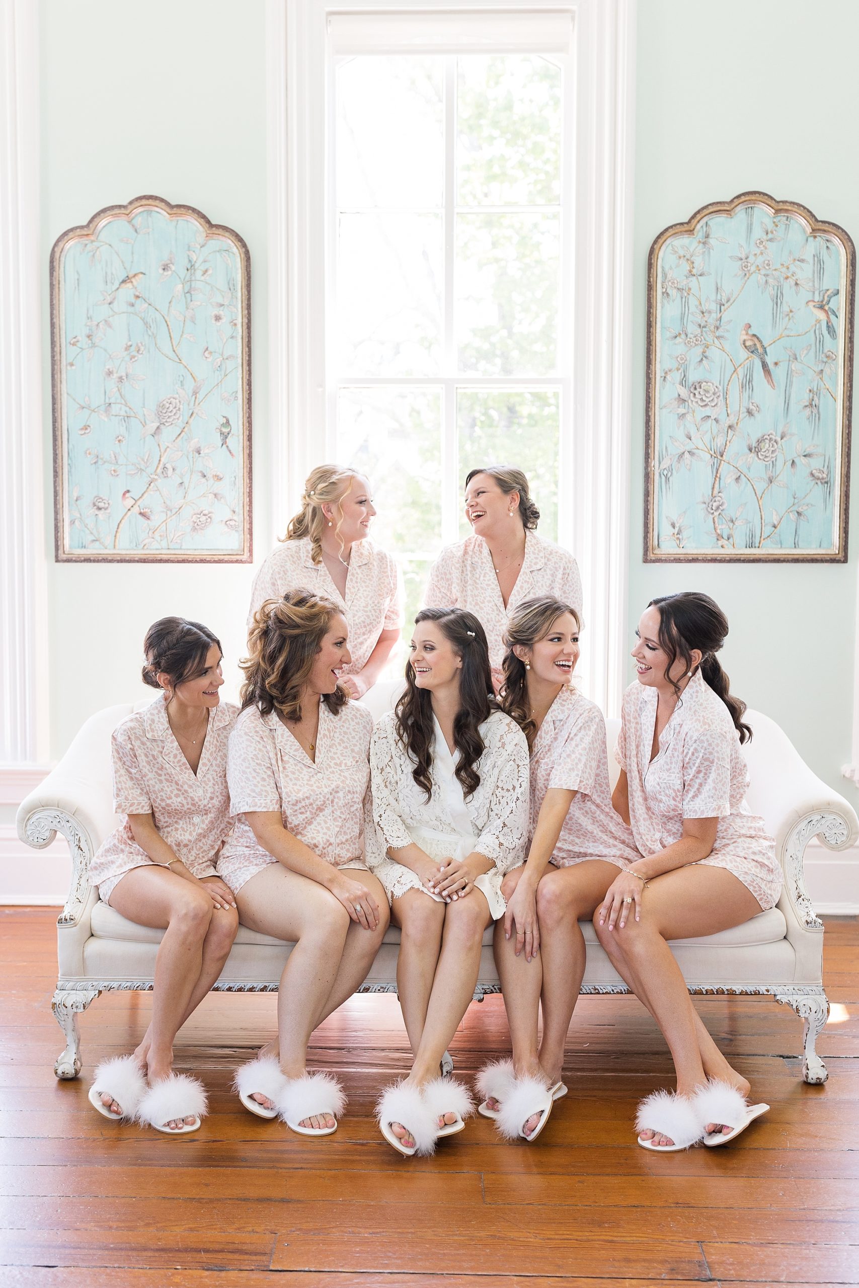 Bridal party pajamas with white fuzzy slippers | Merrimon Wynne Wedding | Sarah Hinckley Photography | Raleigh NC Wedding Photographer