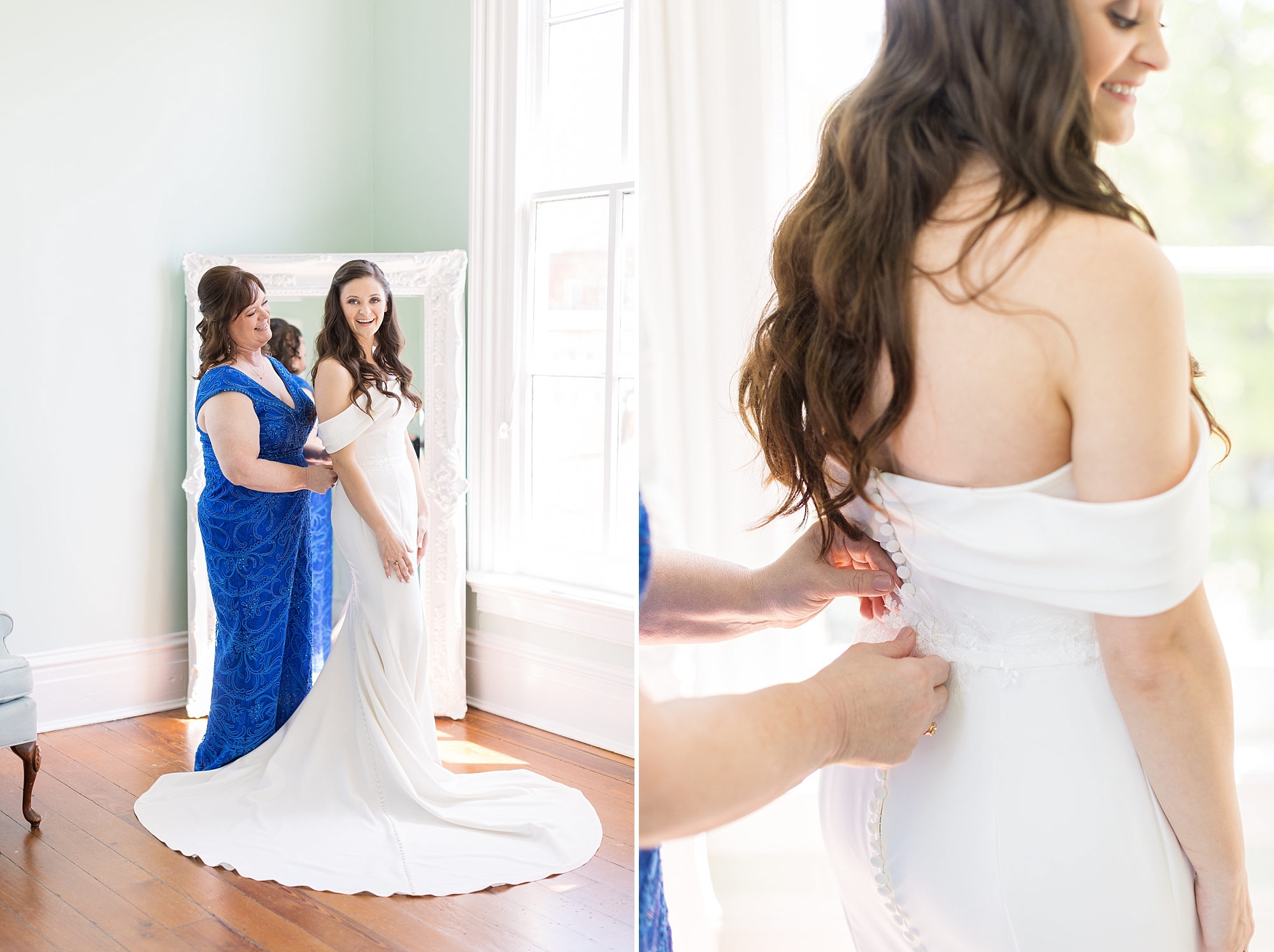The mother of the bride buttons up her daughter on her wedding day | Merrimon Wynne Wedding | Sarah Hinckley Photography | Raleigh NC Wedding Photographer