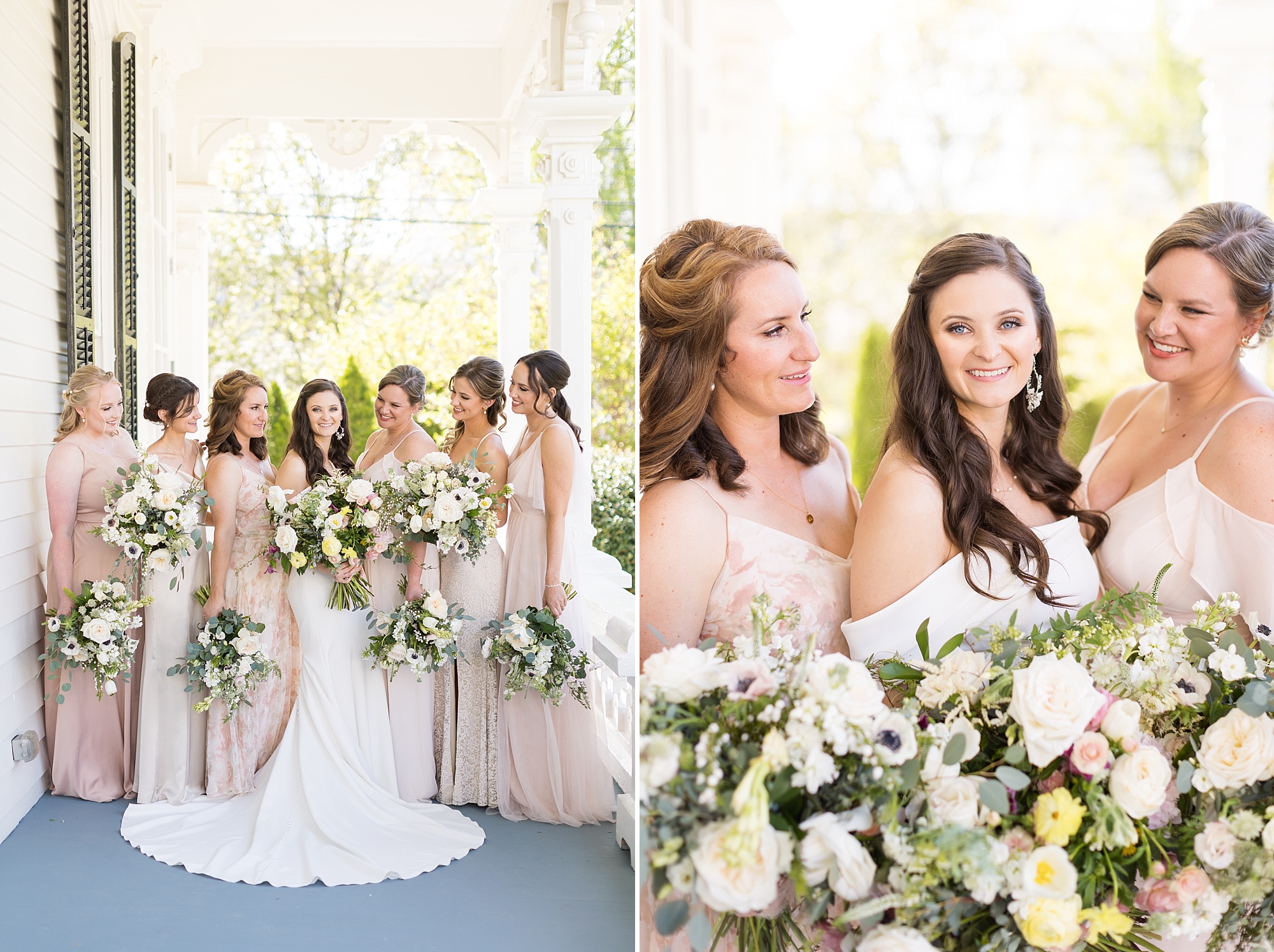 Bridesmaid photos with pink dresses at a classic southern home  | Merrimon Wynne Wedding | Sarah Hinckley Photography | Raleigh NC Wedding Photographer