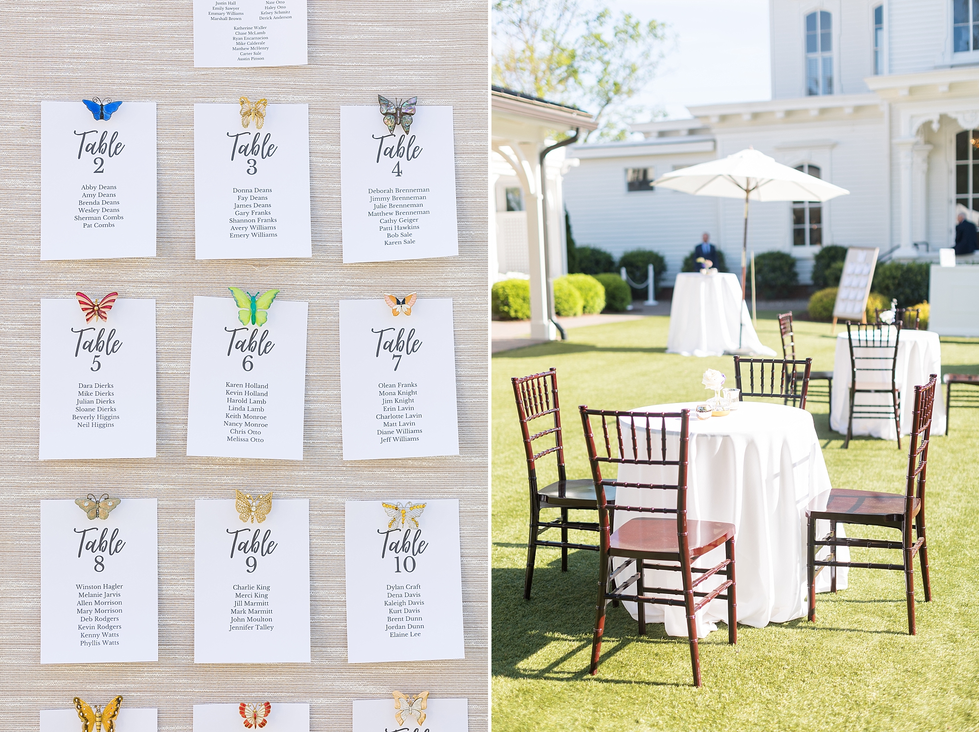 Cocktail hour on the lawn with a butterfly inspired seating chart  | Merrimon Wynne Wedding | Sarah Hinckley Photography | Raleigh NC Wedding Photographer
