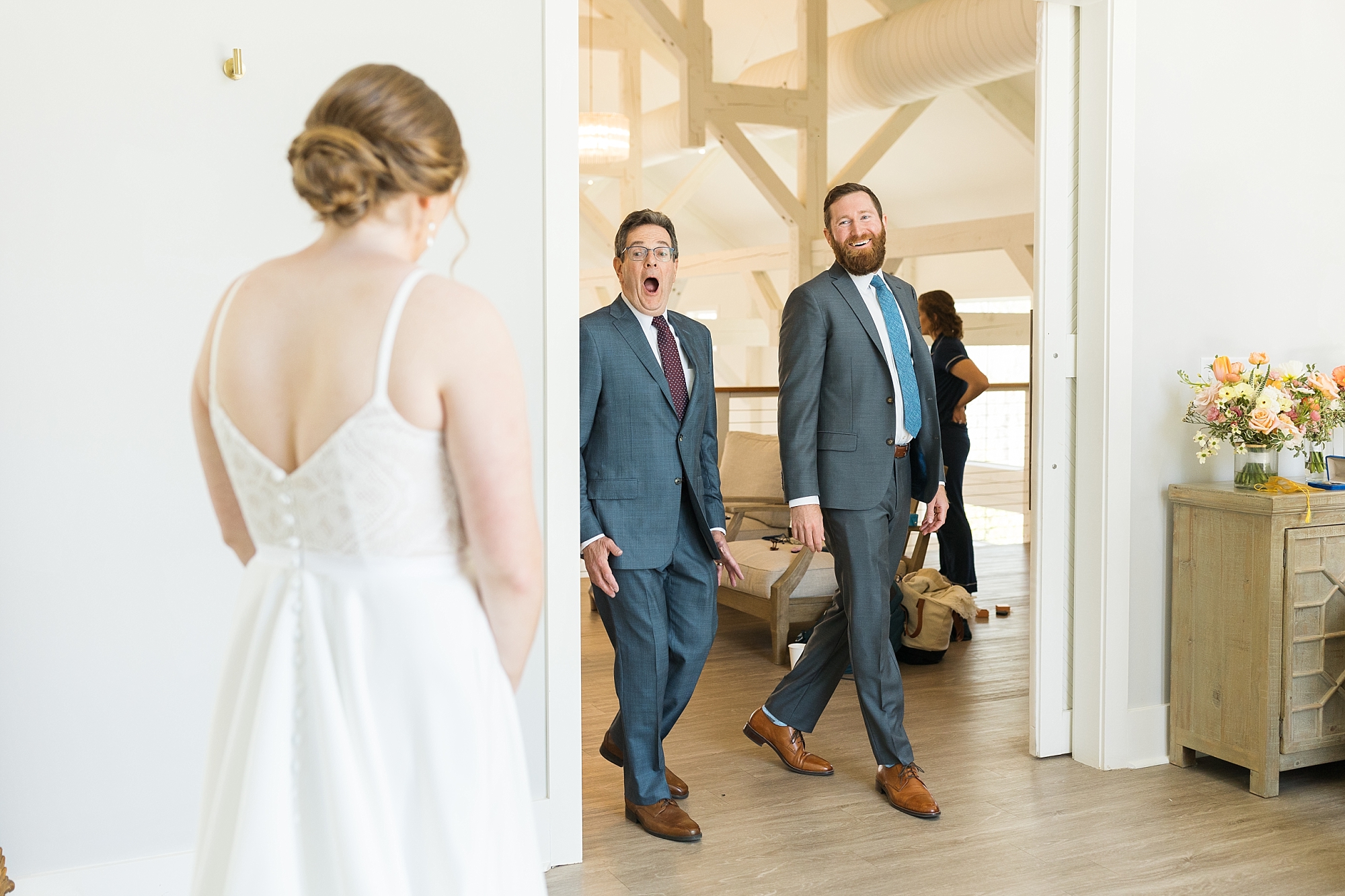 Bride's first look with dad and brother
 Carolina Grove Weddings | Raleigh NC Wedding Photographer | Sarah Hinckley Photography
