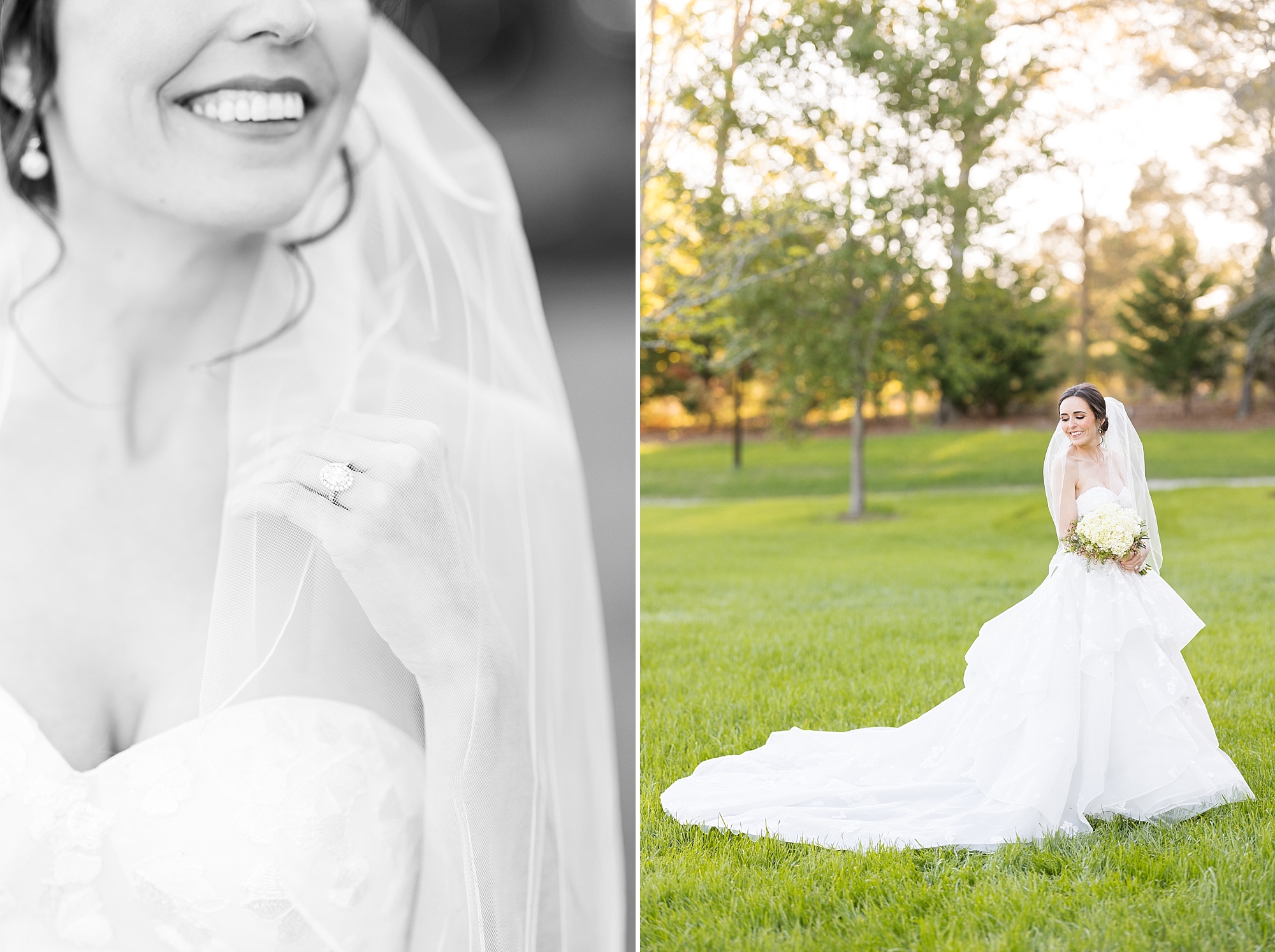 Bridal portraits by a pond in an elegant ballgown at Southern Grace Farms in Angier | Raleigh Wedding Photographer