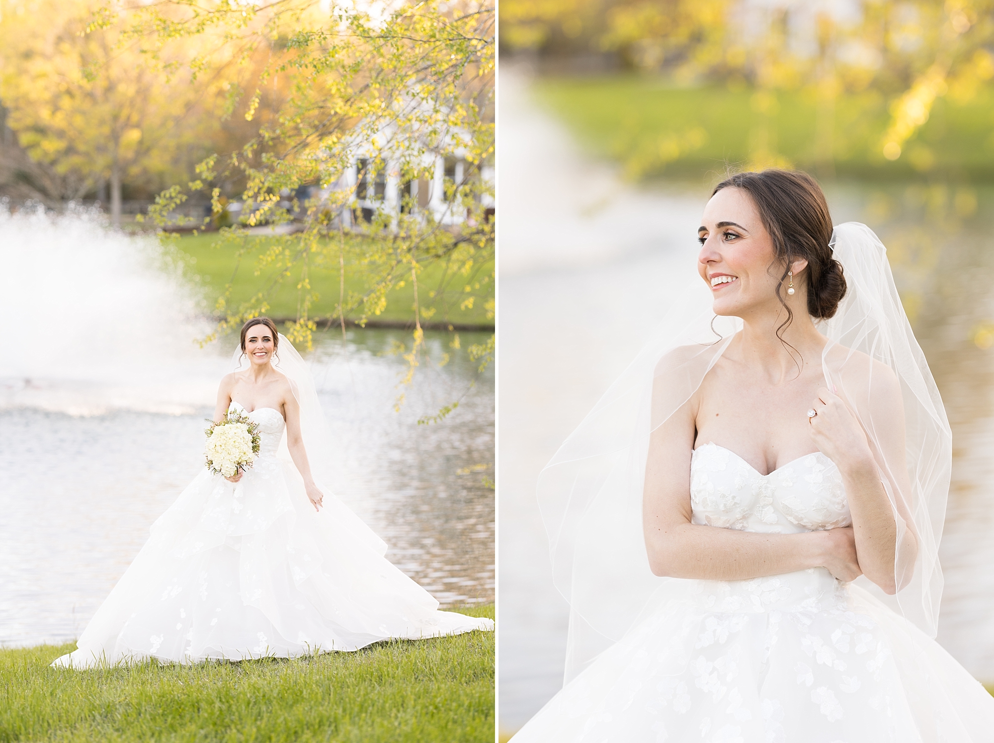 Bridal portraits by a pond in an elegant ballgown at Southern Grace Farms in Angier | Raleigh Wedding Photographer