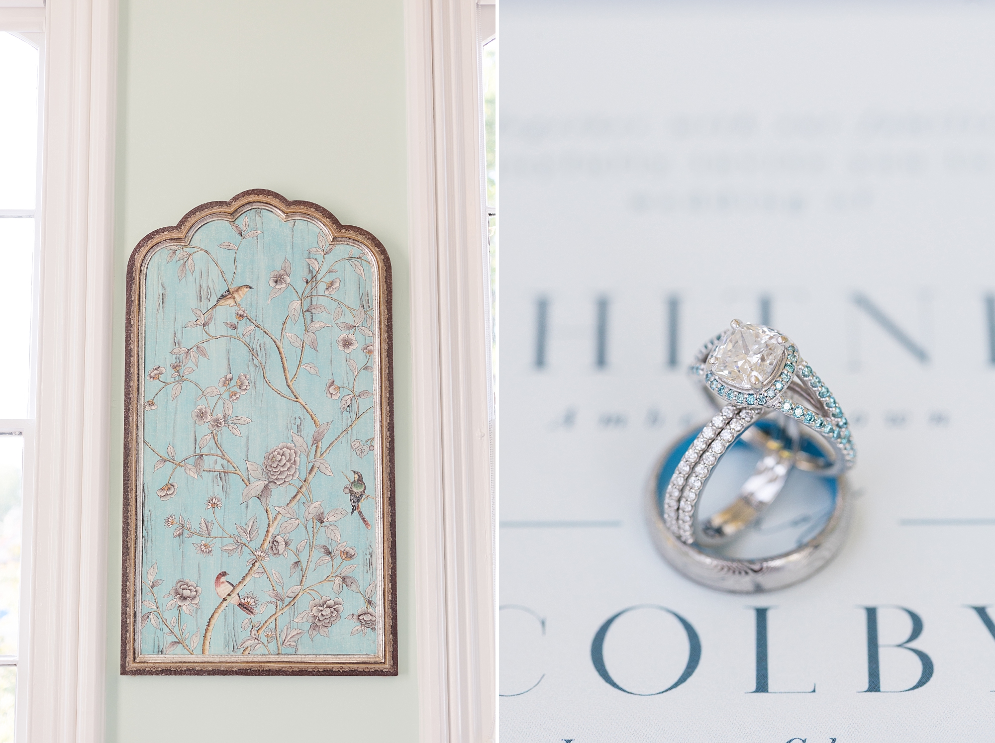 Portrait in wedding venue and detail of wedding rings | Raleigh NC Wedding Photographer