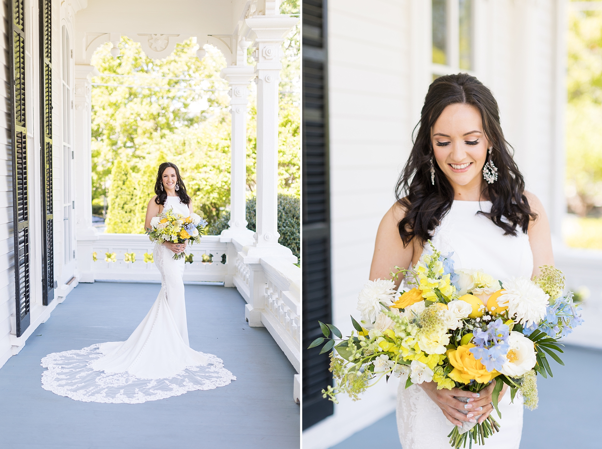Merrimon Wynne bride holding blue and yellow bouquet | Raleigh NC Wedding Photographer