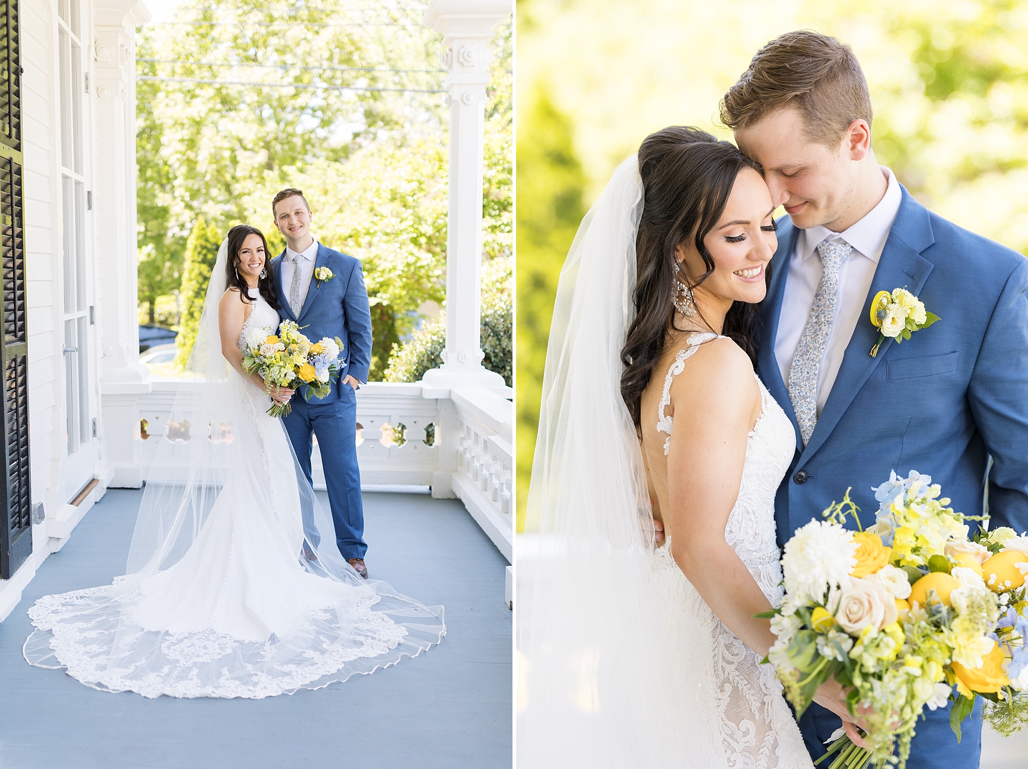 Bride and Groom with floral details | Raleigh NC Wedding Photographer