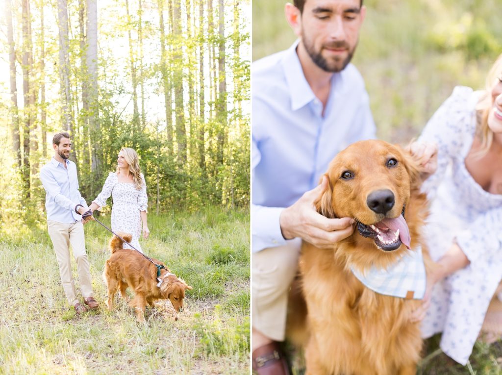 couple petting dog during engagement session  | Raleigh NC Wedding Photographer