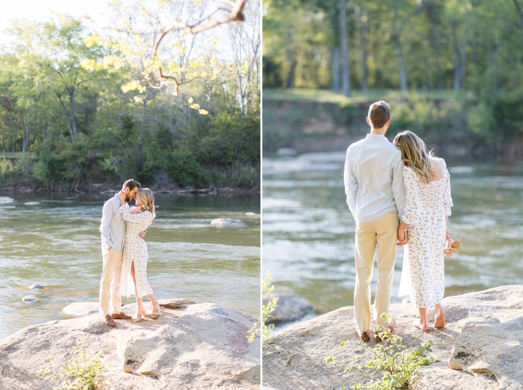 Couple looking at river  | Raleigh NC Wedding Photographer