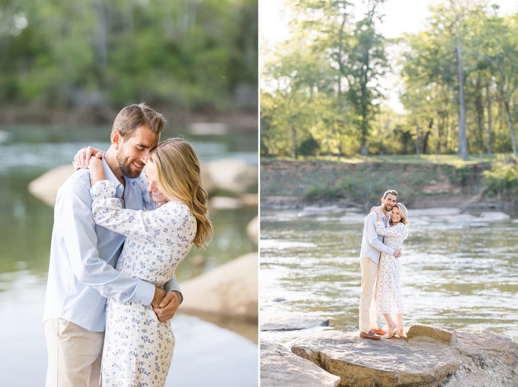 Couple standing on Rocks at the river  | Raleigh NC Wedding Photographer