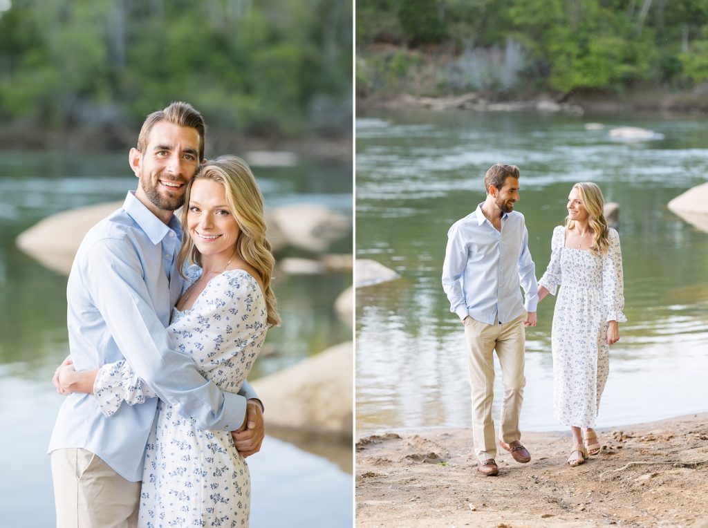 Couple smiling at each other during engagement session| Raleigh NC Wedding Photographer
