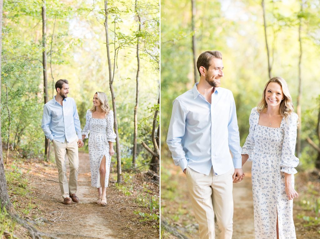 couple walking on path in the woods  | Raleigh NC Wedding Photographer