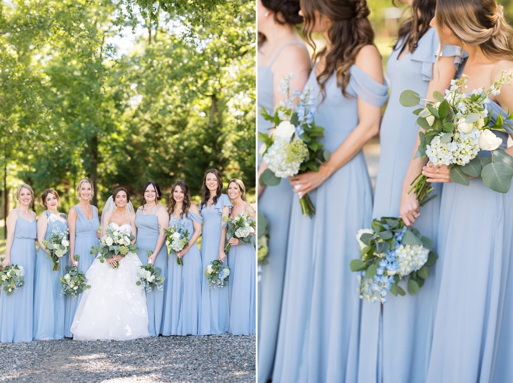 bride with her bridesmaids in blue  | Raleigh NC Wedding photographer