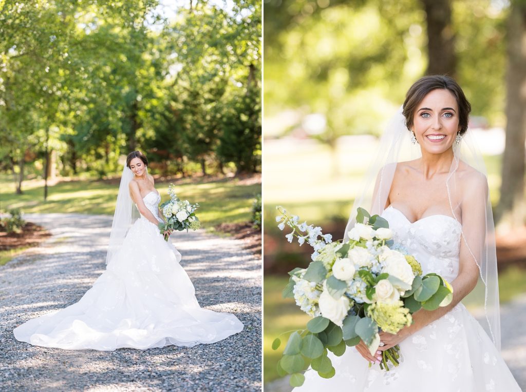 bride outside at Southern Grace Farms | Raleigh NC Wedding photographer