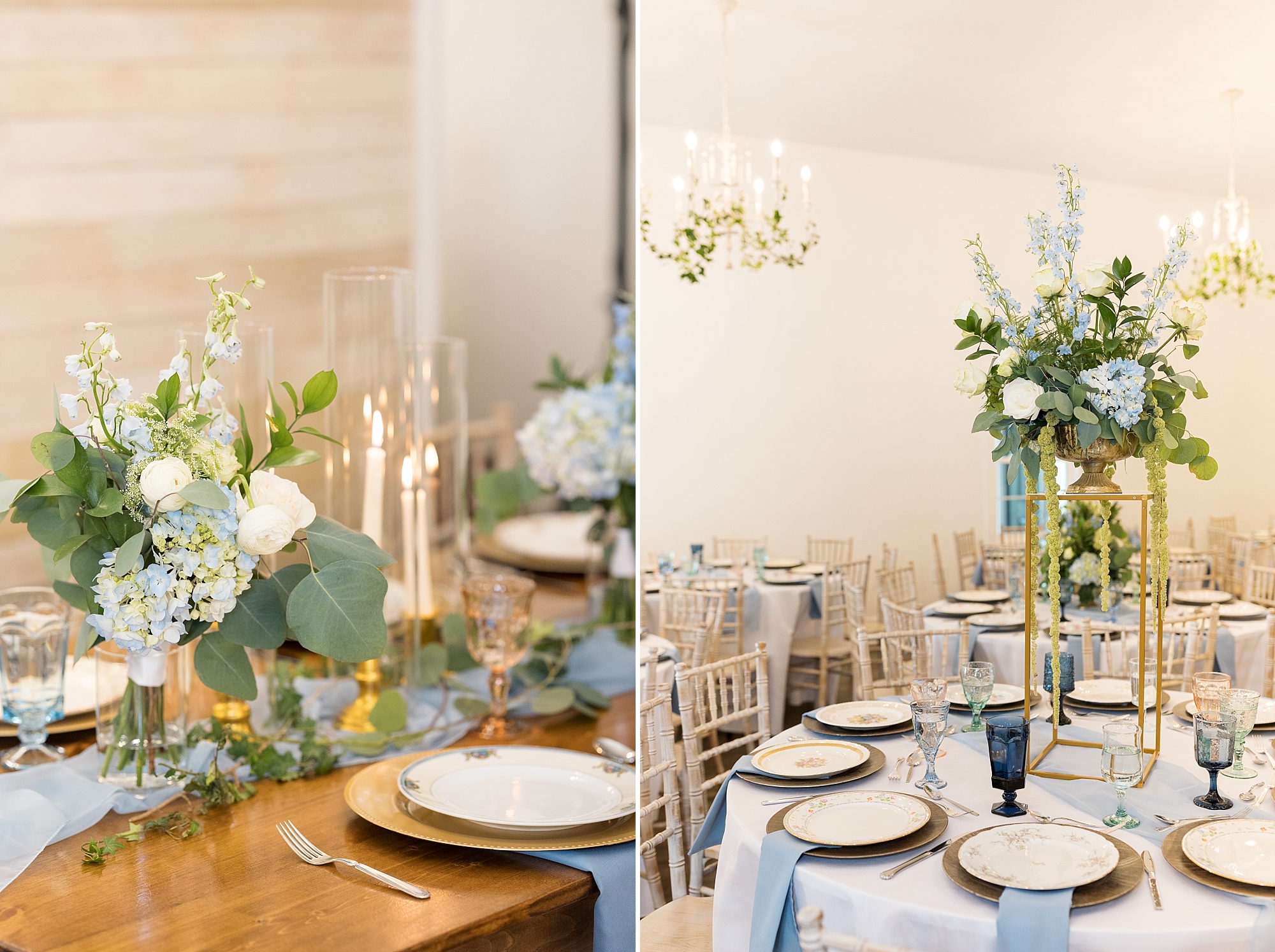 Hydrangea and eucalyptus center pieces | Raleigh NC Wedding photographer